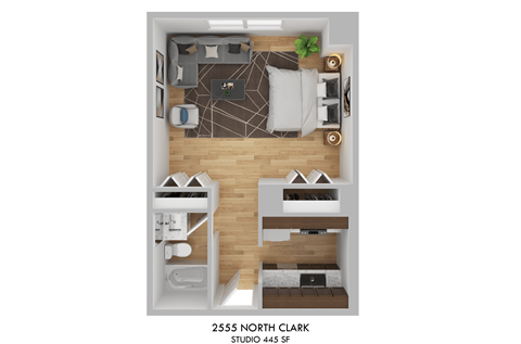 Floor plan for studio, 1 bath, 445 sqft